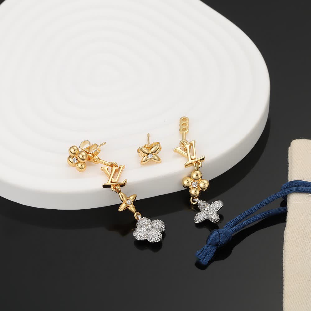 Louis Vuitton Gold Tone Earrings with Monogram and Crystal Flower